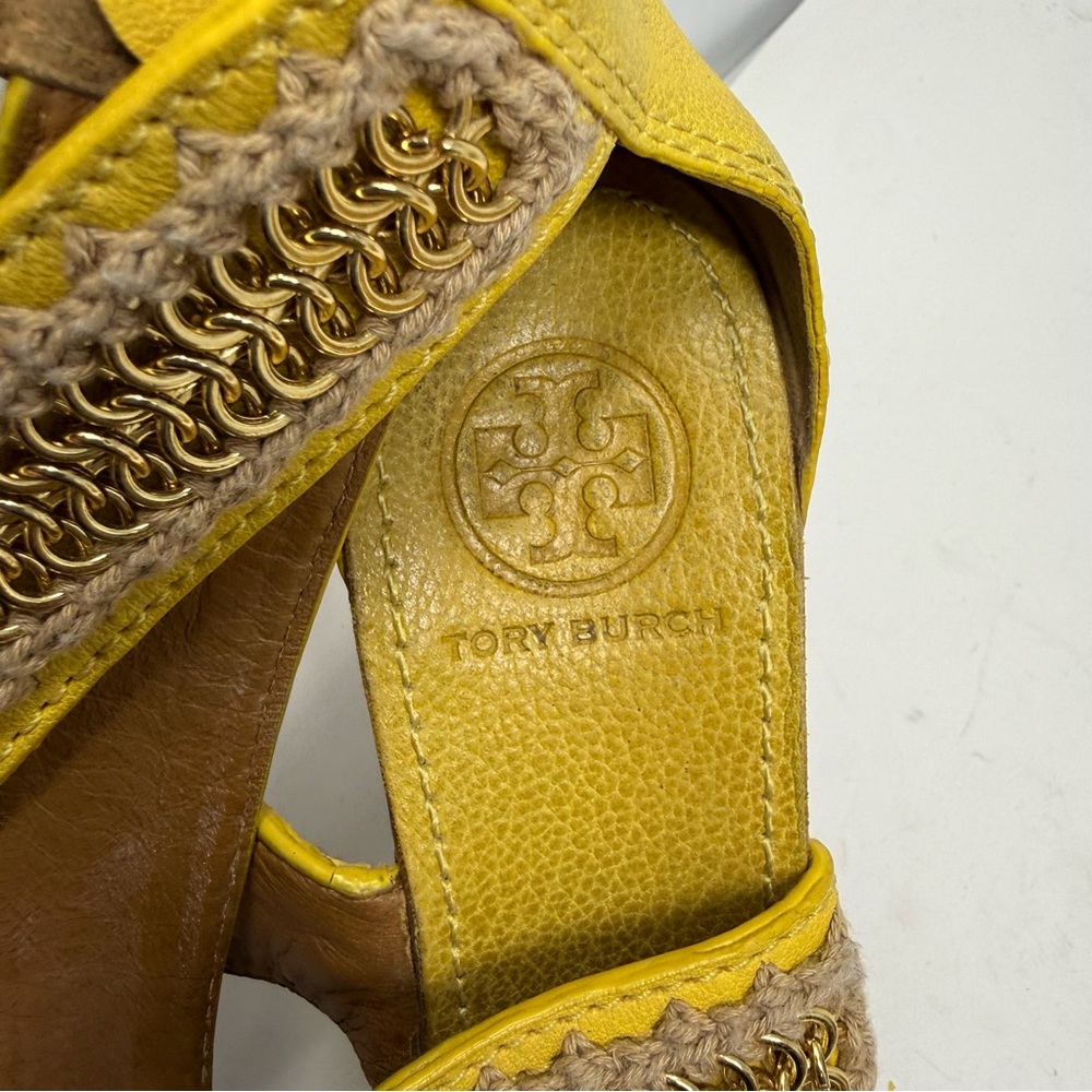 Tory Burch Lucian YellowLeather Gold Chain Strappy Cork Wedge Sandals Women’s 8M - Picture 12 of 12